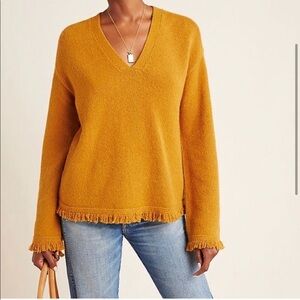 Anthro Joy Wool Alpaca V Neck Sweater Fringe Trim Maize S